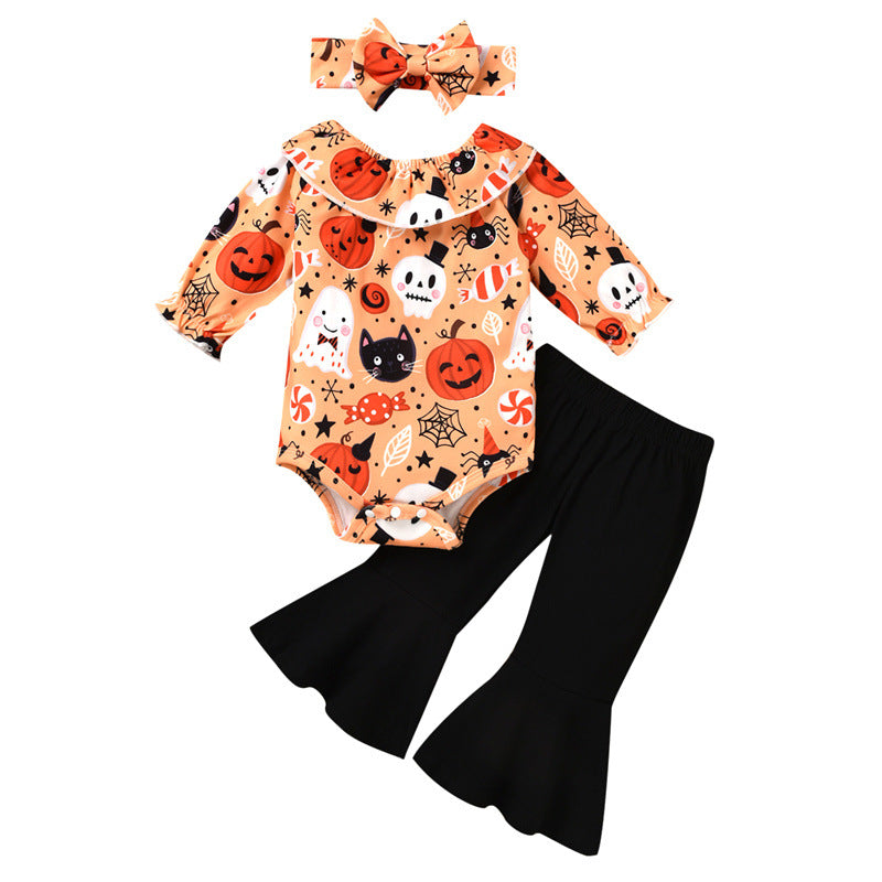 Baby Girls Cartoon Ghost Print Long-sleeved Jumpsuit Flared Pants Halloween Suit - PrettyKid