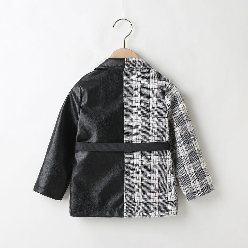 Toddler Kids Girls Plaid Stitching PU Leather Jacket Button Leather Jacket - PrettyKid