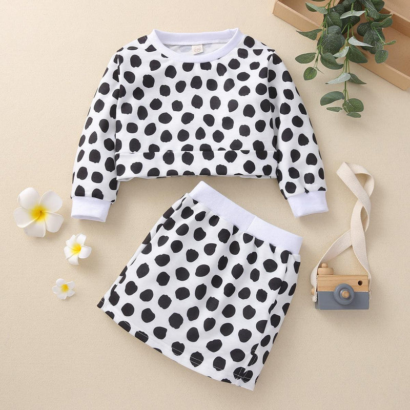 Toddler Kids Girl Dot Print Long Sleeve Round Neck Skirt Set - PrettyKid