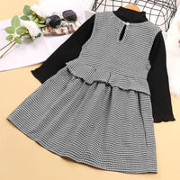 Toddler Kids Girls' Solid Color Long Sleeve Sweater Thousand Bird Check Vest Skirt Set - PrettyKid