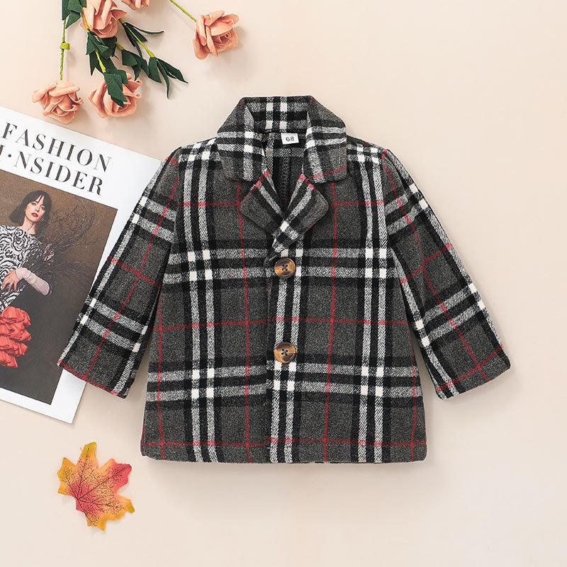 Toddler Boys Girls Long Sleeve Small Lapel Plaid Print Coat - PrettyKid