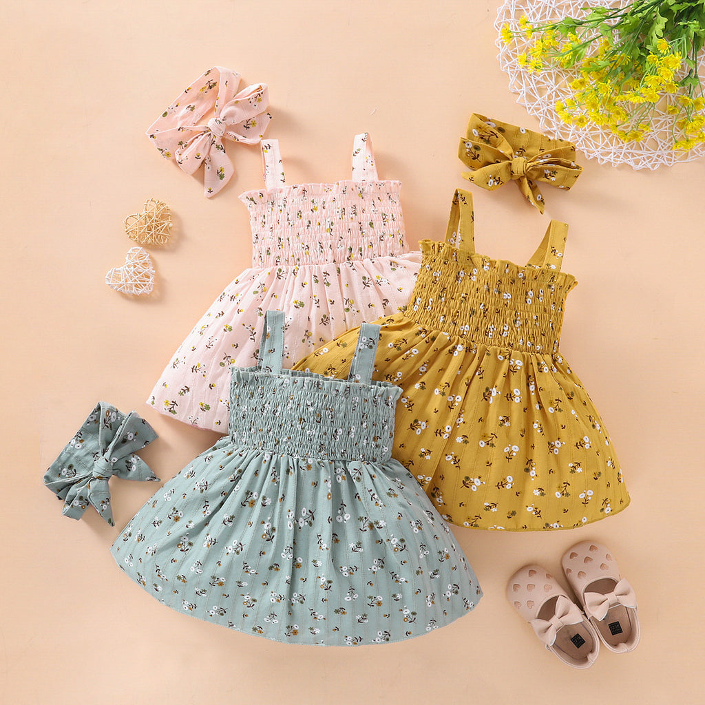 Toddler Girls Solid Flower Print Pleated Suspender Dress - PrettyKid