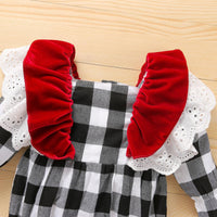 Baby Girls Plaid Jumpsuit Lace Jumpsuit Velvet Hair Band Christmas Suit - PrettyKid