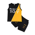 Toddler Kids Boys Colour Blocking Mama's Boy Monogrammed Sleeveless Vest with Solid Torn Shorts Set - PrettyKid