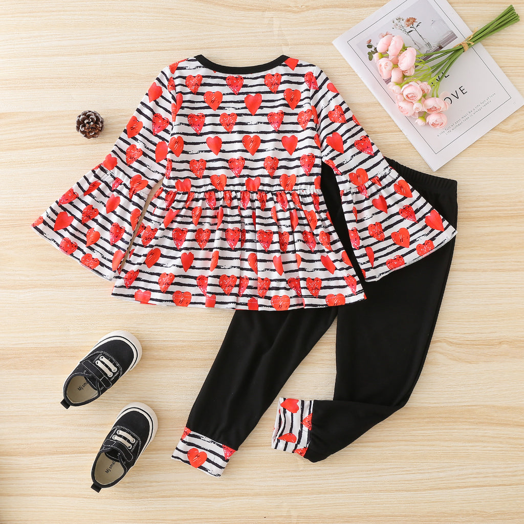 Toddler Kids Girls Striped Love Print Flared Sleeve Top Solid Color Pants Valentine's Day Suit - PrettyKid