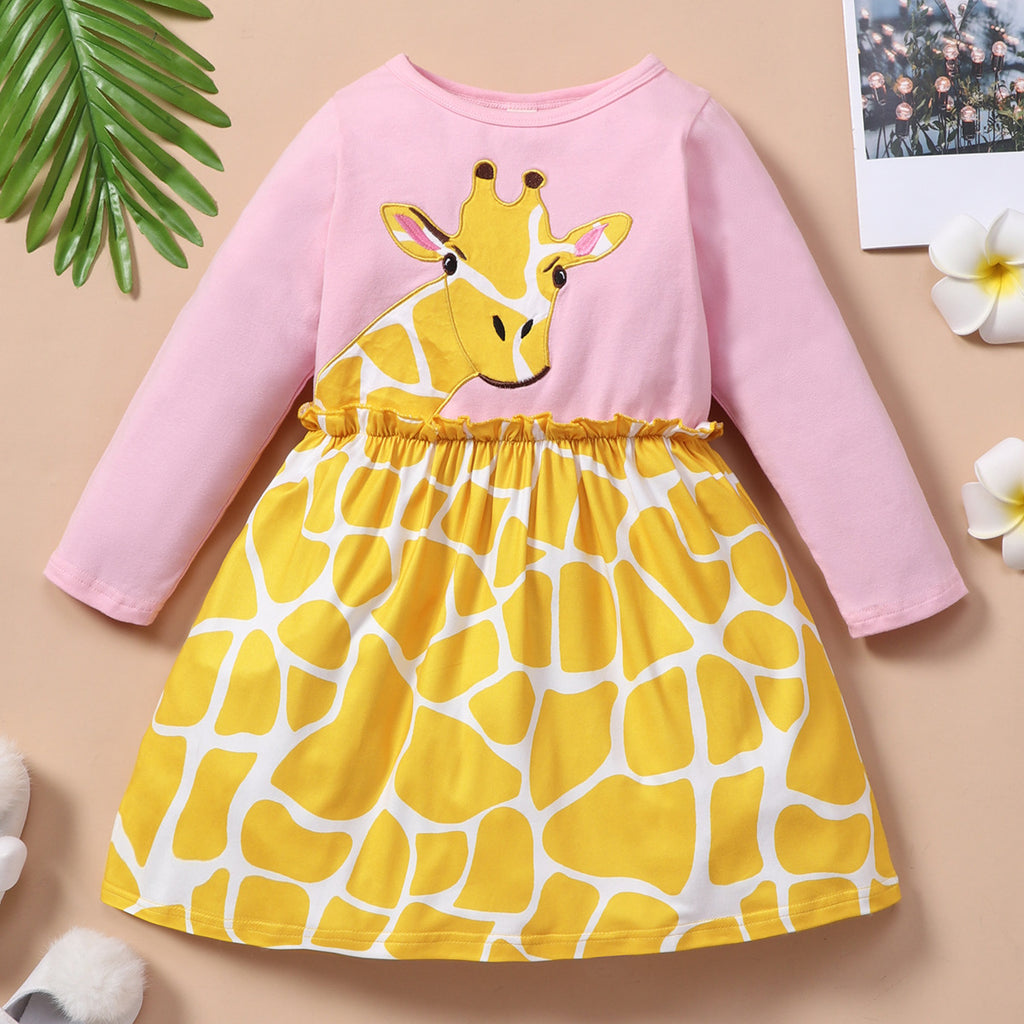 Toddler Kids Girl Solid Color Long Sleeve Giraffe Patchwork Embroidery Patchwork Dress - PrettyKid