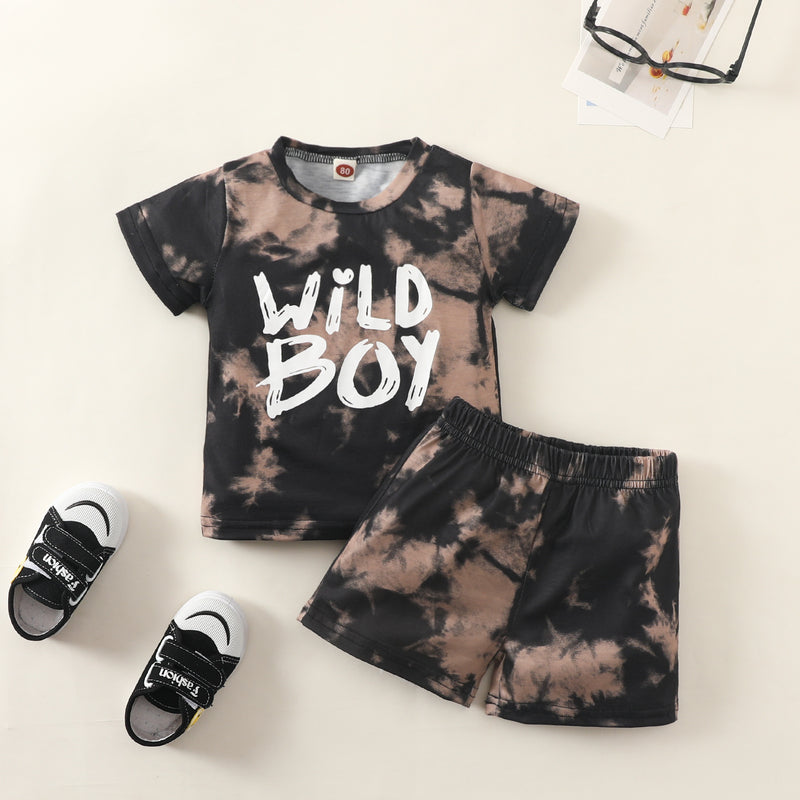 Toddler Kids Boys Tie-dye Wild Boys Monogrammed Short Sleeve T-shirt and Shorts Set - PrettyKid