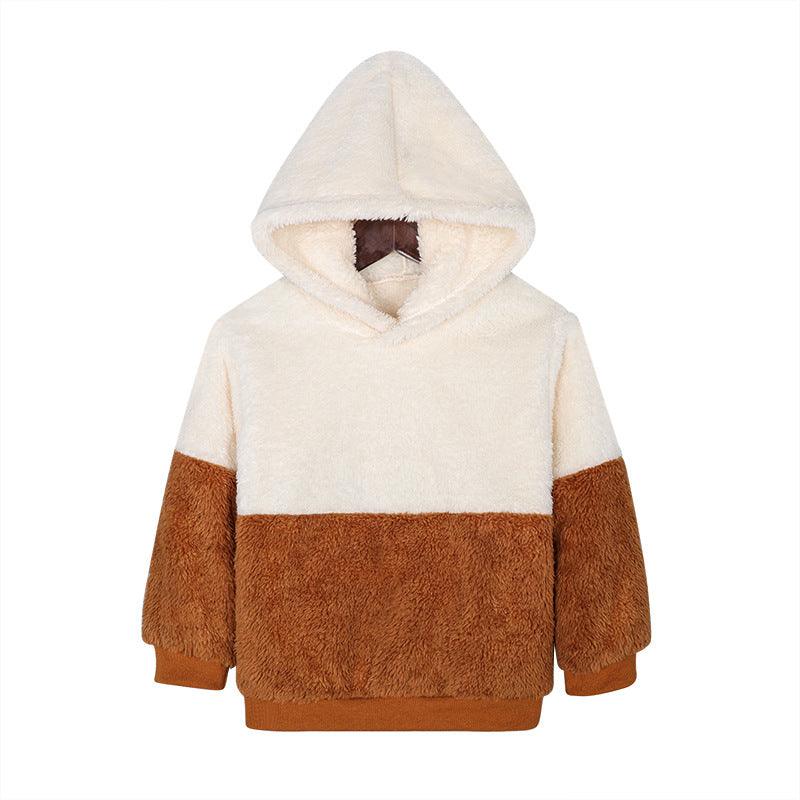 2021 Autumn Winter Children's Solid Color Contrast Multi Panel Hooded Furry Sweater - PrettyKid