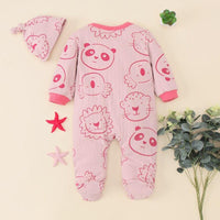 Baby Girls Pink Cartoon Panda Long Sleeved Foot Wrap Bodysuit Hat Two Piece Set - PrettyKid