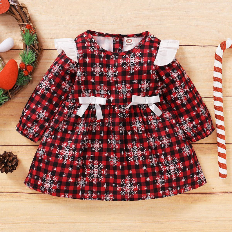 Toddler Kids Girls Snowflake Red Plaid Print Round Neck Long Sleeve Dress - PrettyKid