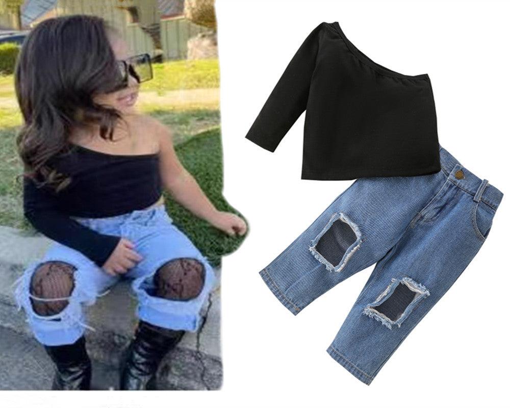 Toddler Kids Girls Slant Shoulder Long Sleeve Top with Holes Denim Pants Set - PrettyKid