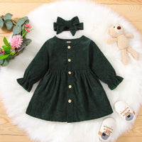 Toddler Kids Girls Solid Color Long Sleeve Button Dress Hairband Two Piece Set - PrettyKid