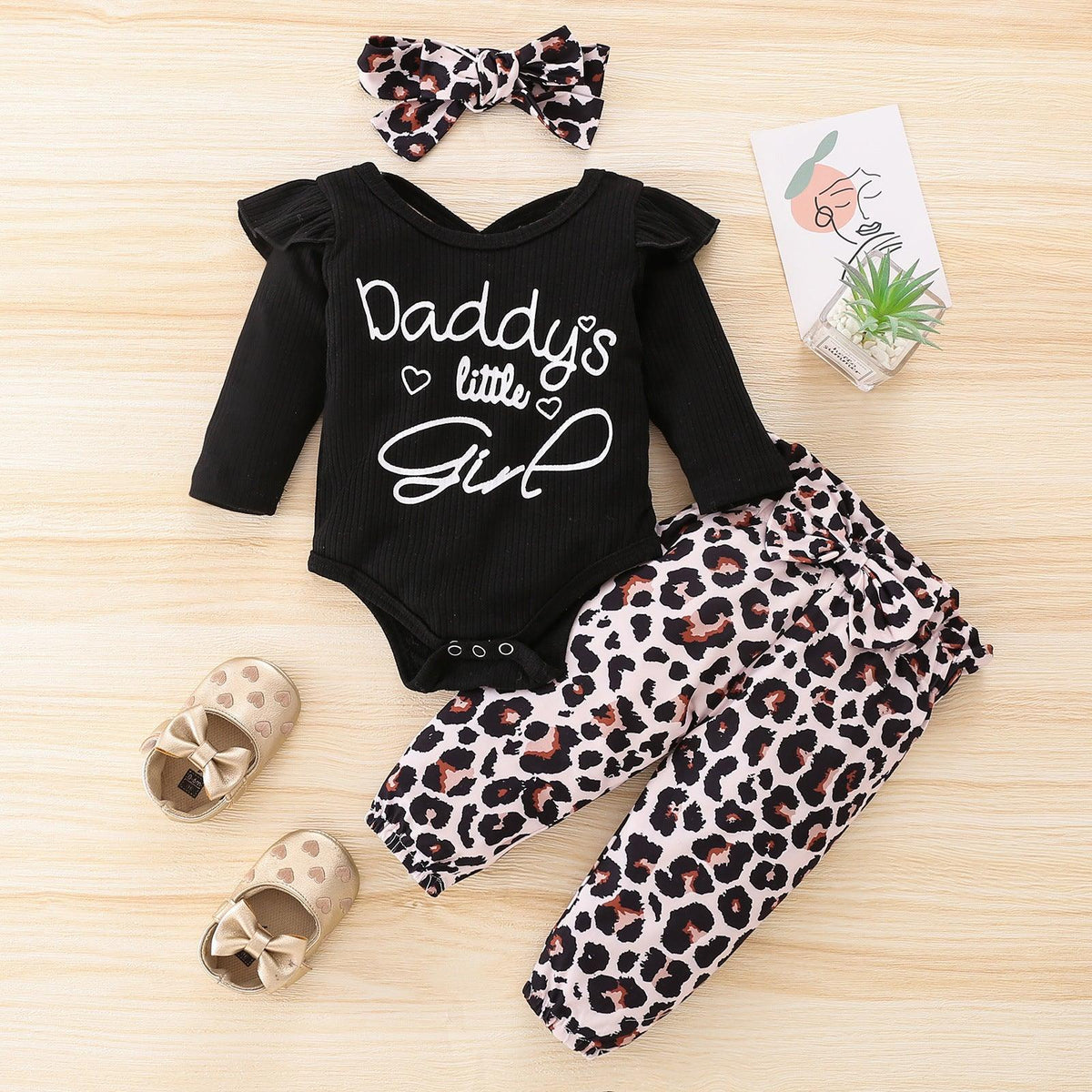 Baby Girls Solid Color Letter Printed Long Sleeve Jumpsuit Leopard Pants Set Valentine's Day Dress - PrettyKid