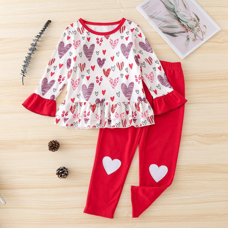 Toddler Kids Girls Love Print Flared Sleeve Top Solid Color Pants Valentine's Day Suit - PrettyKid