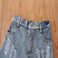 Toddler Kids Girls Irregular Suspender Top Denim Shorts Two Piece Set Wholesale Girls Boutique Clothing - PrettyKid