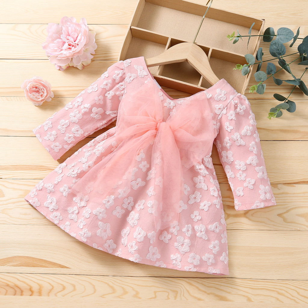 Toddler Kids Girls Pink Jacquard Mesh Bow Long Sleeve Dress - PrettyKid
