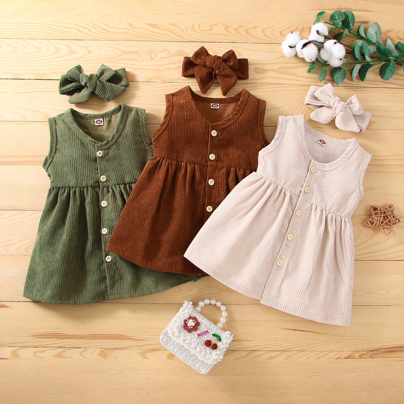 Toddler Kids Girls Solid Corduroy Sleeveless Dress - PrettyKid