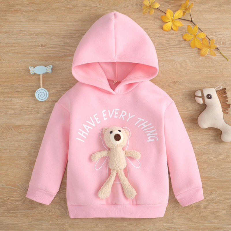 Toddler Kids Girls Long-sleeved Hooded Letter Print Cartoon Bear Doll Sweatshirt - PrettyKid