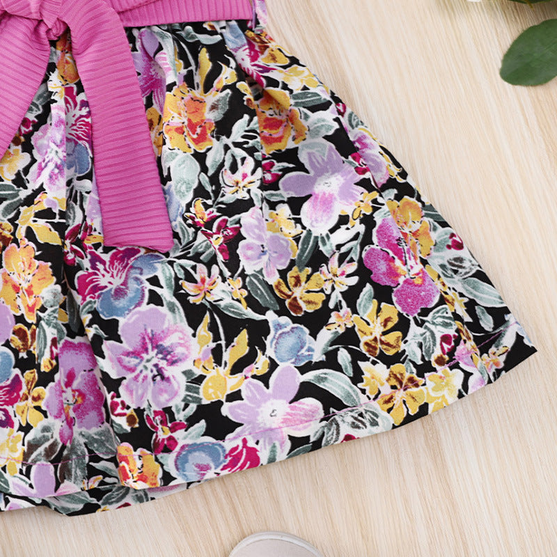 Toddler Kids Girls Purple Sleeveless Suspender Floral Print Skirt Set - PrettyKid