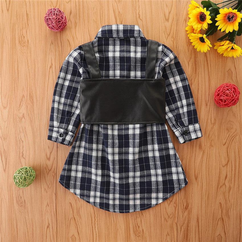 Children Girls' Plaid Long Sleeve Shirt Skirt + PU Leather Vest Two-piece Set - PrettyKid