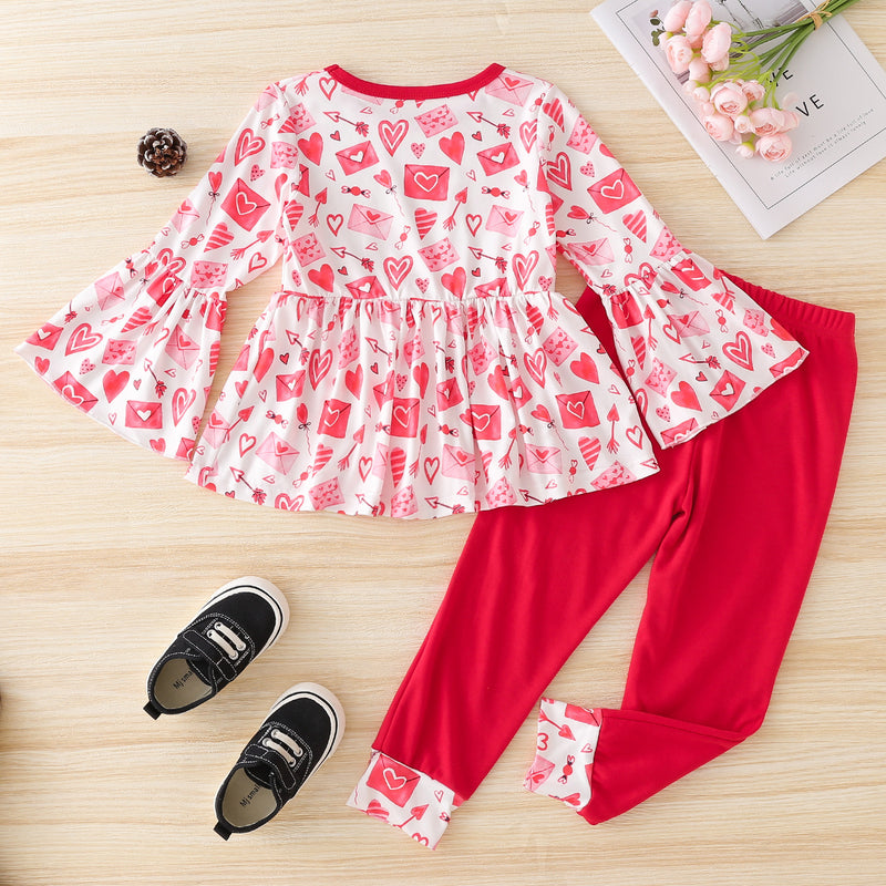 Toddler Kid Girls Cartoon Print Flared Sleeve Top Solid Color Pants Valentine's Day Suit - PrettyKid
