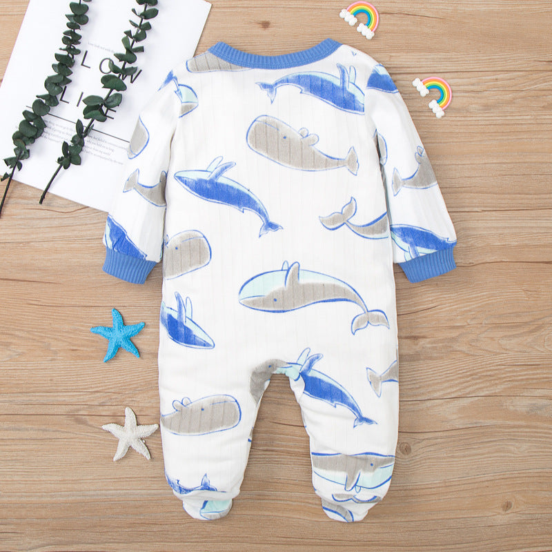 Baby Boys Girls Cartoon Whale Long Sleeve Foot Wrap Jumpsuit - PrettyKid