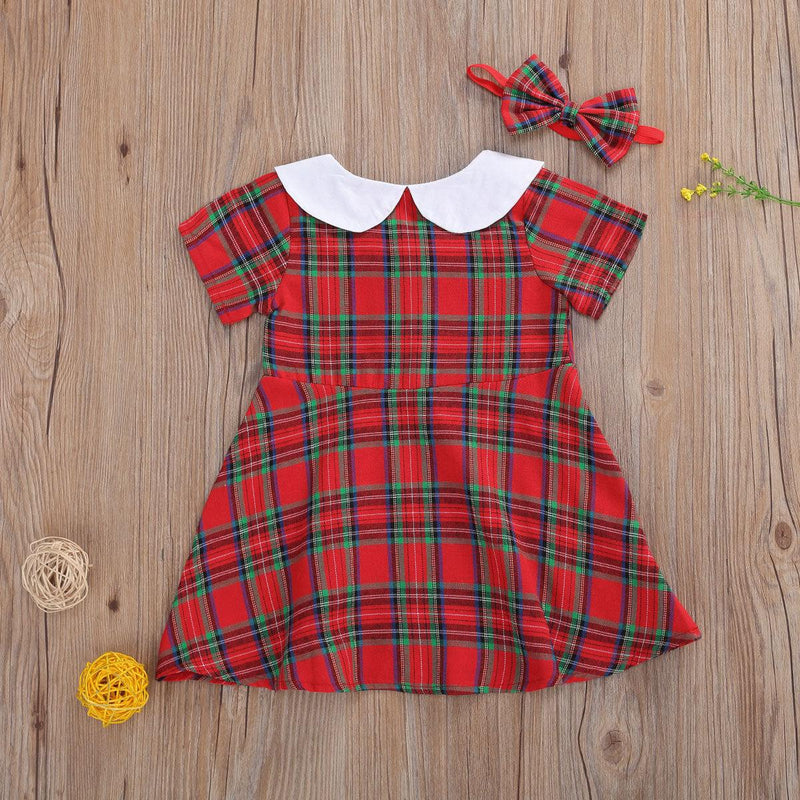 Girls' Doll Neck Short Sleeve Plaid Dress - PrettyKid