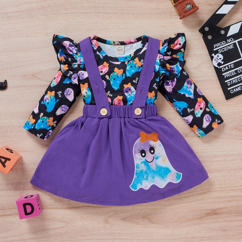 Toddler Girls Halloween Long Sleeve Purple Ghost Print Jacket Bib Skirt Suit - PrettyKid