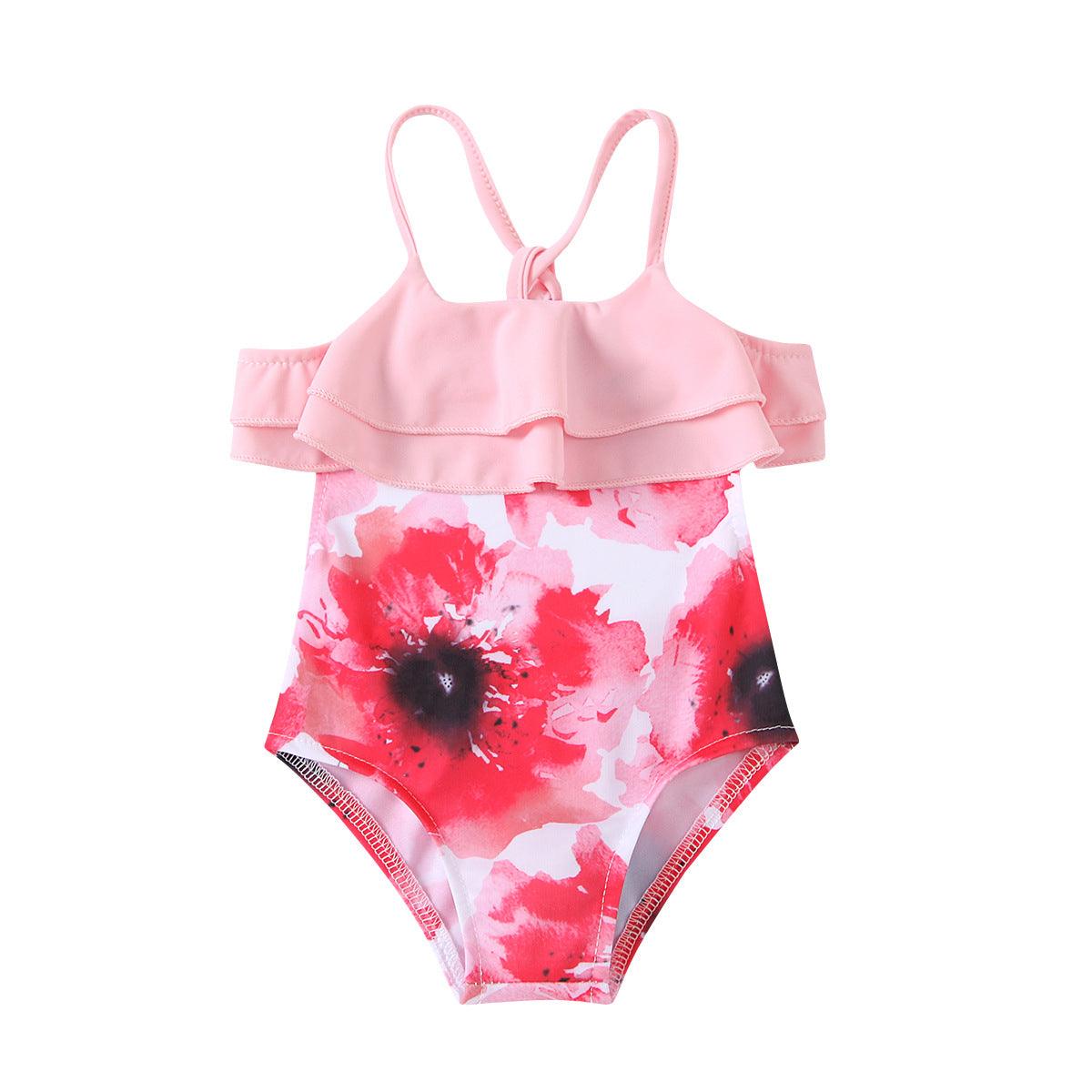 Toddler Kids Girls Summer Solid Color Suspender Flower Print Jumpsuit Swimsuit - PrettyKid