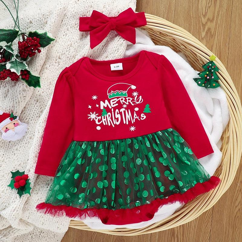 Baby Girls' Long Sleeve Alphabet Printed Jumpsuit Christmas Dress - PrettyKid