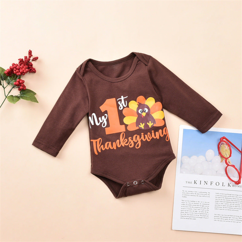 2022 Baby Boys Solid Color Cartoon Thanksgiving Turkey Printed Jumpsuit Pants Set - PrettyKid