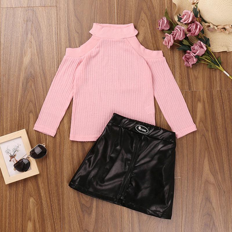 Children Girls Off Shoulder Long Sleeve Sweater Short Leather Skirt Set - PrettyKid