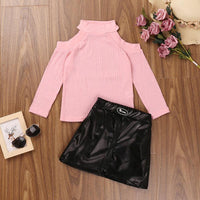 Children Girls Off Shoulder Long Sleeve Sweater Short Leather Skirt Set - PrettyKid