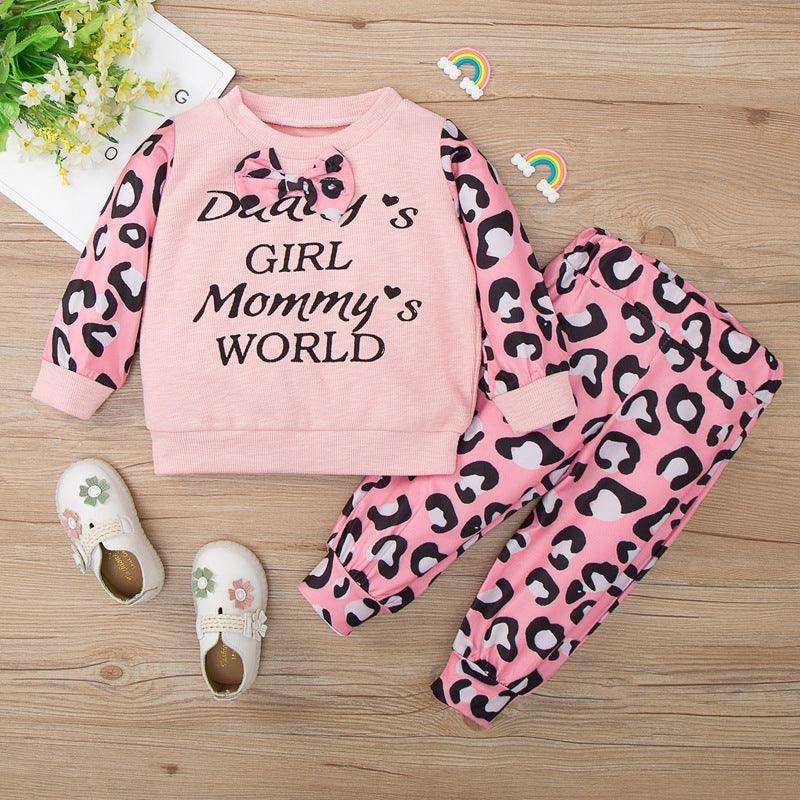 Toddler Girl Solid Letter Top Leopard Print Pants Home Suit - PrettyKid