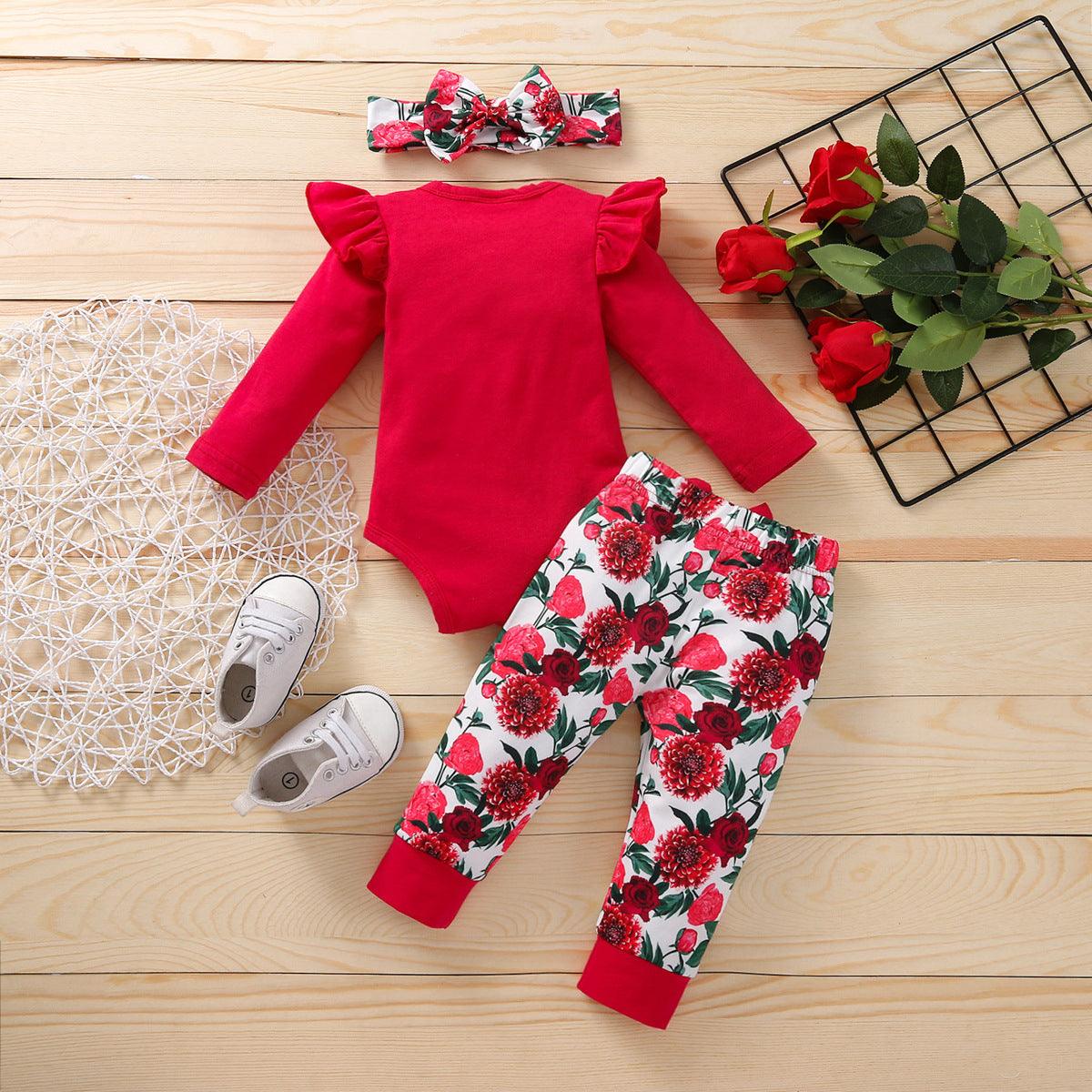 Baby Girls Letter Printed Bow Flower Long Sleeve Jumpsuit Pants Set - PrettyKid