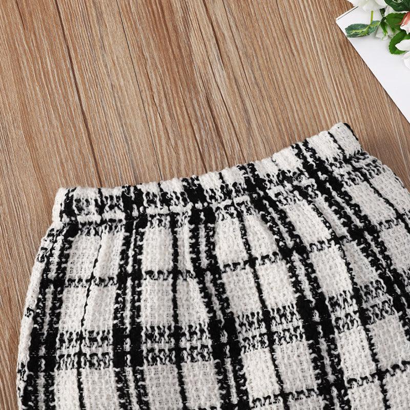 Toddler Kids Girls Black and White Plaid Printed Lace Top Skirt Set - PrettyKid