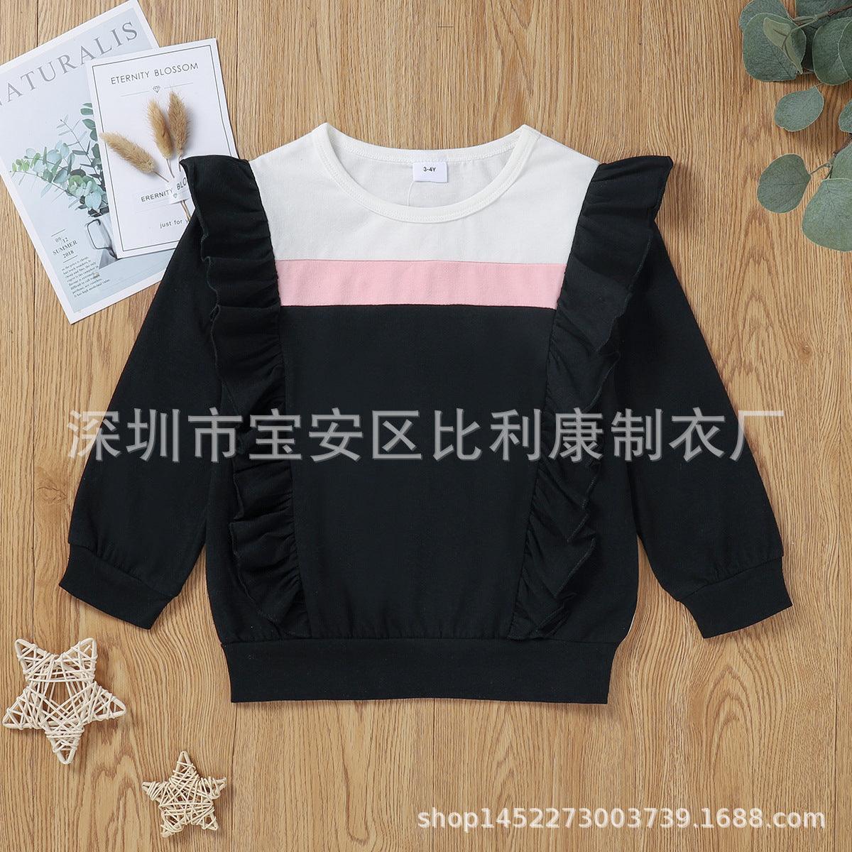 Toddler Kids Girls Solid Color Long Sleeve Ruffle Color Blocking Blouse - PrettyKid