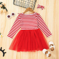 Christmas Dress Girl's Long Sleeve Striped Mesh Dress Skirt - PrettyKid