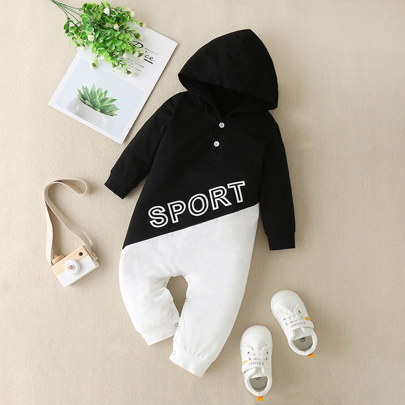 Baby Boys Black and White Patchwork Letter Print Hooded Jumpsuit - PrettyKid