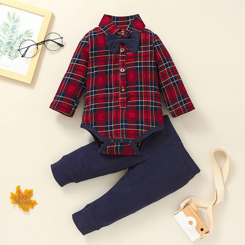 Baby Boys Plaid Print Bow Tie Gentleman Jumpsuit Solid Color Pants Set - PrettyKid