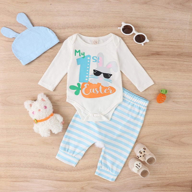 Rabbit Print Long-sleeved Romper Striped Trousers with Hat Three-piece Set for Boys and Girls