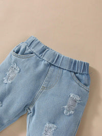 Toddler Girls Long Sleeved Floral Print Top Denim Pants Set - PrettyKid