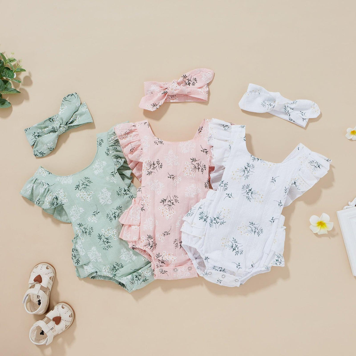 Baby Girls Solid Cotton Floral Print Fly Sleeveless Bodysuit Butterfly Tie Set - PrettyKid