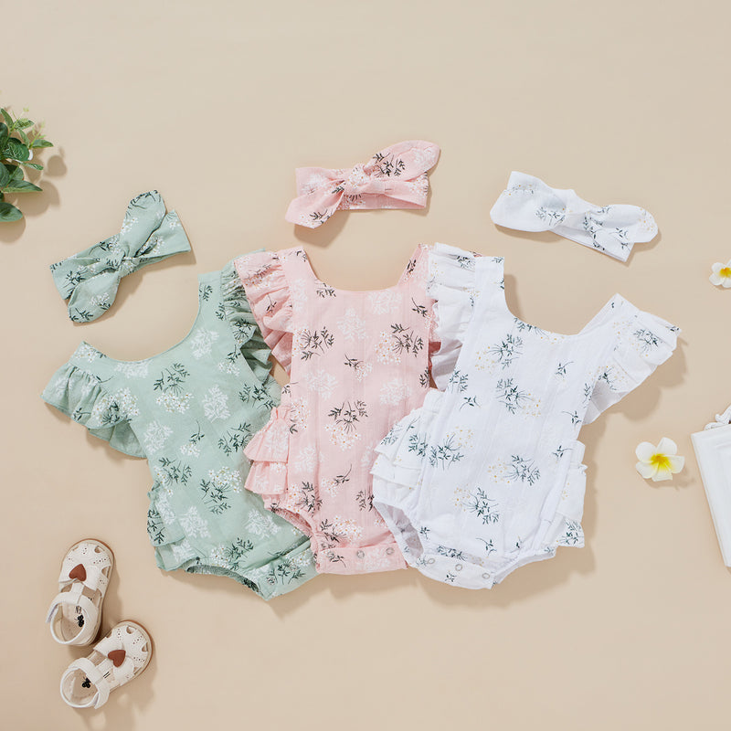 Baby Girls Solid Cotton Floral Print Fly Sleeveless Bodysuit Butterfly Tie Set - PrettyKid