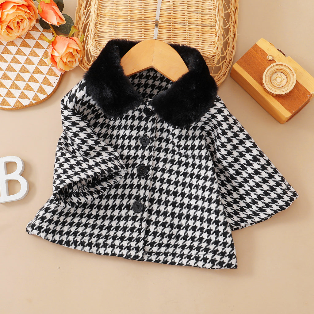 Baby Girl Black White Thousand Bird Check Wool Collar Button Long Sleeve Coat - PrettyKid
