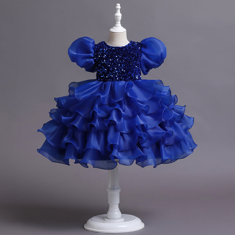 New Bubble Sleeve Children's Dress Girl Birthday Flower Girl Sequin Dance Performance Dress Princess Dress + Headband - PrettyKid