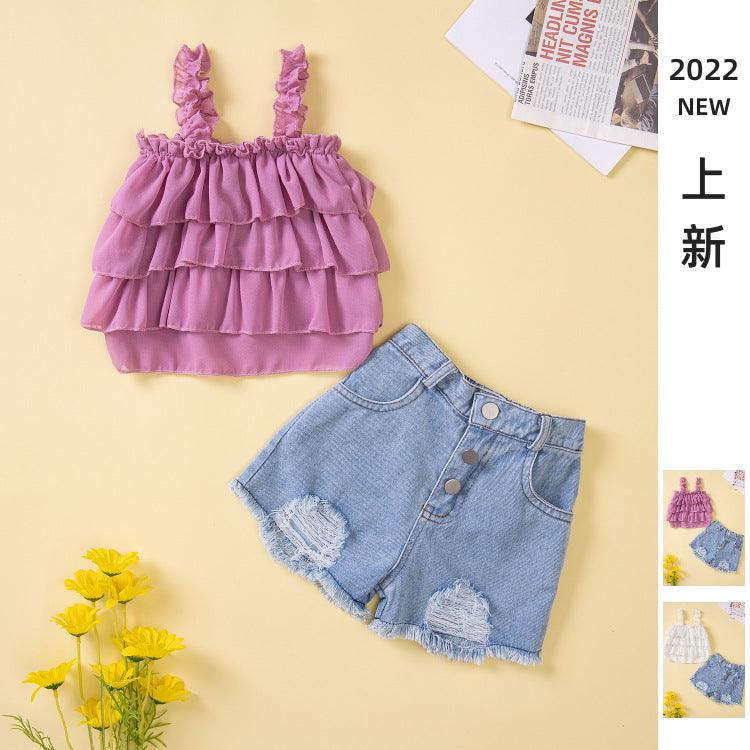 Summer New Children's Loose Top with Suspender+two Pieces of Torn Denim Shorts - PrettyKid