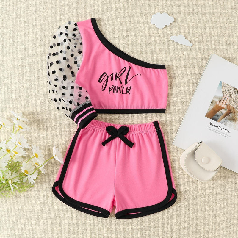 Girls' Diagonal Neck One Shoulder Top Shorts Girls' Two Piece Set