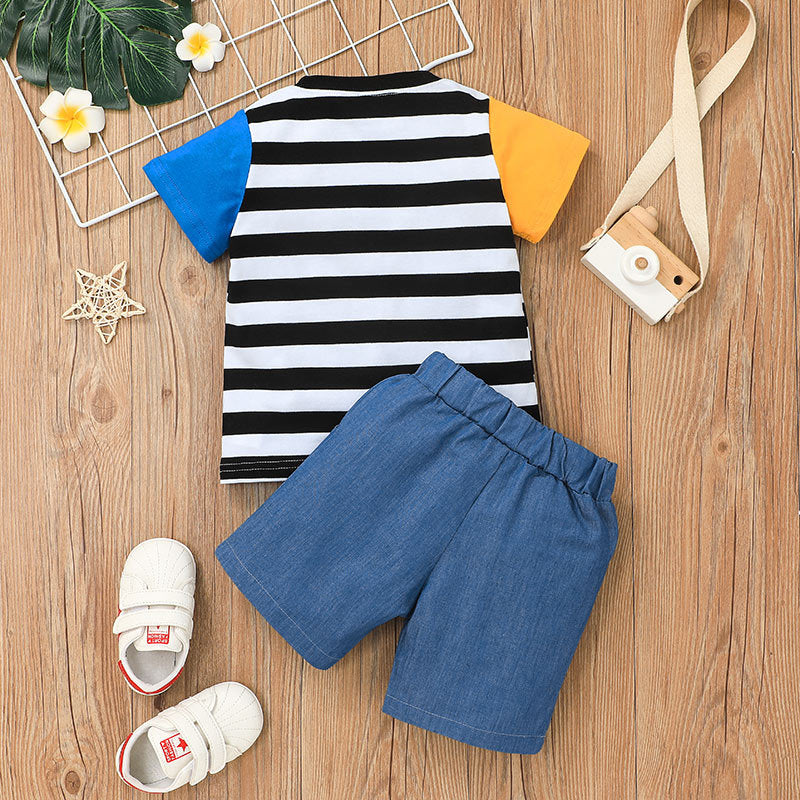 Toddler Kids Boys Color Combination Striped Short-sleeved T-shirt Solid Color Shorts Set - PrettyKid