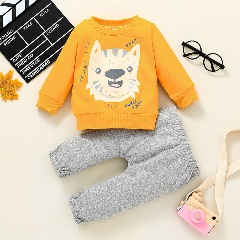 Toddler Kids Boys Cartoon Cat Printed Solid Color Sweater Pants Two Piece Set - PrettyKid